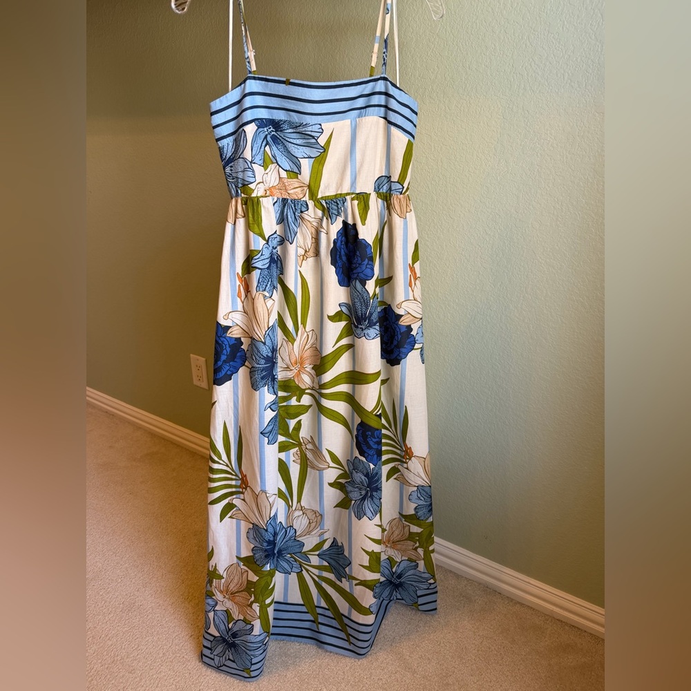 CeCe Strapless Maxi Dress in Blue, White & Green Floral